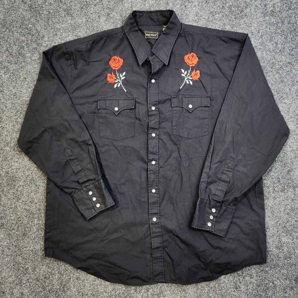 High Noon Western Shirt Mens XL Black Rose Embroidered Pearl Snap Long Sleeve